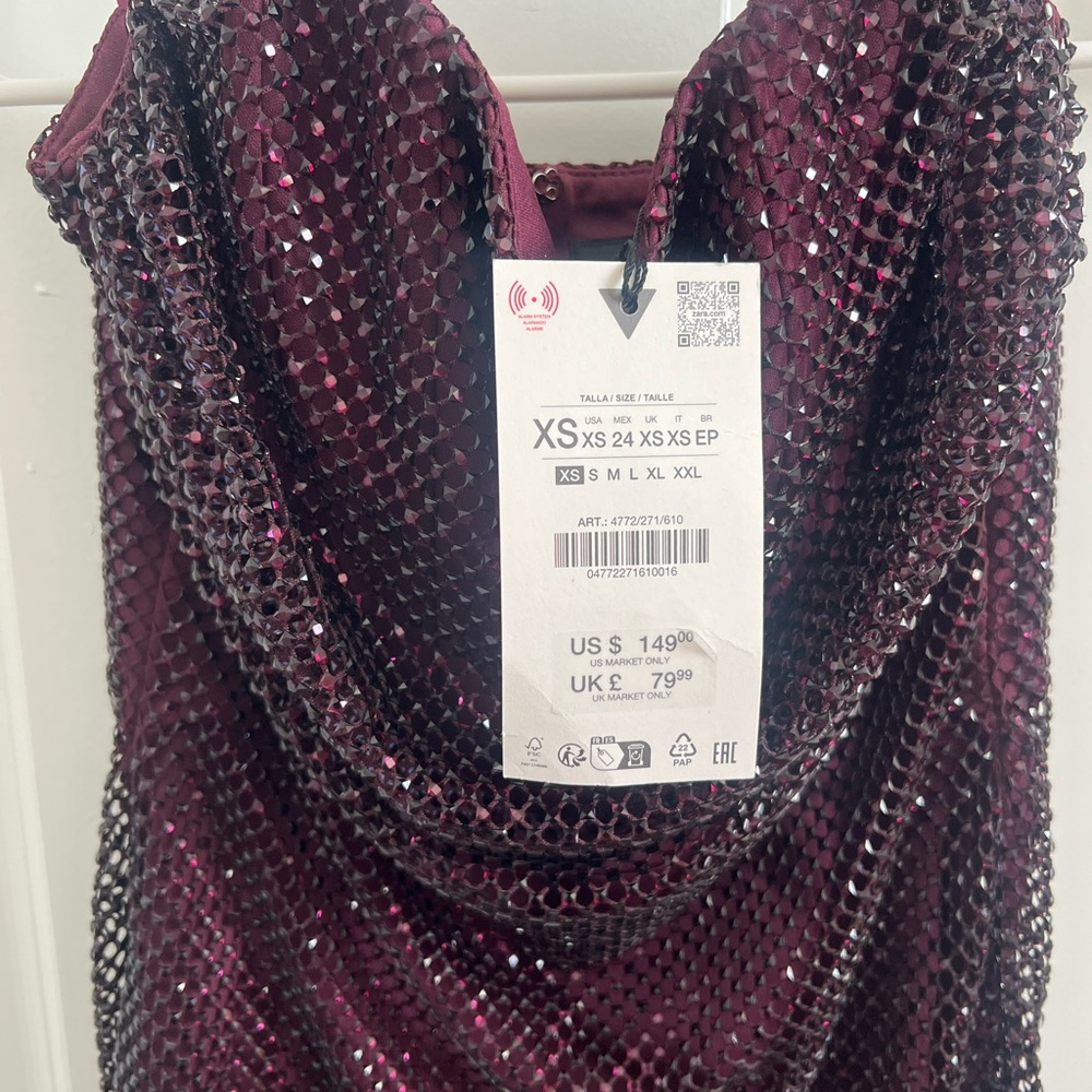 Zara Burgundy Sequin Mesh Strapless Mini Dress - Picture 4 of 8
